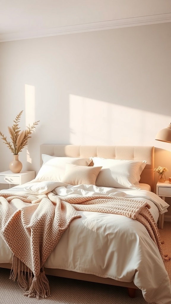 A cozy bedroom featuring a soft bed with pastel colors, a warm blanket, and natural light.