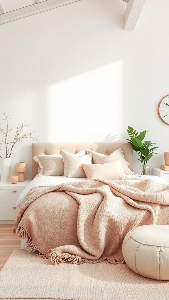 A serene bedroom featuring muted pastel decor with a light peach blanket, soft pillows, and natural elements.