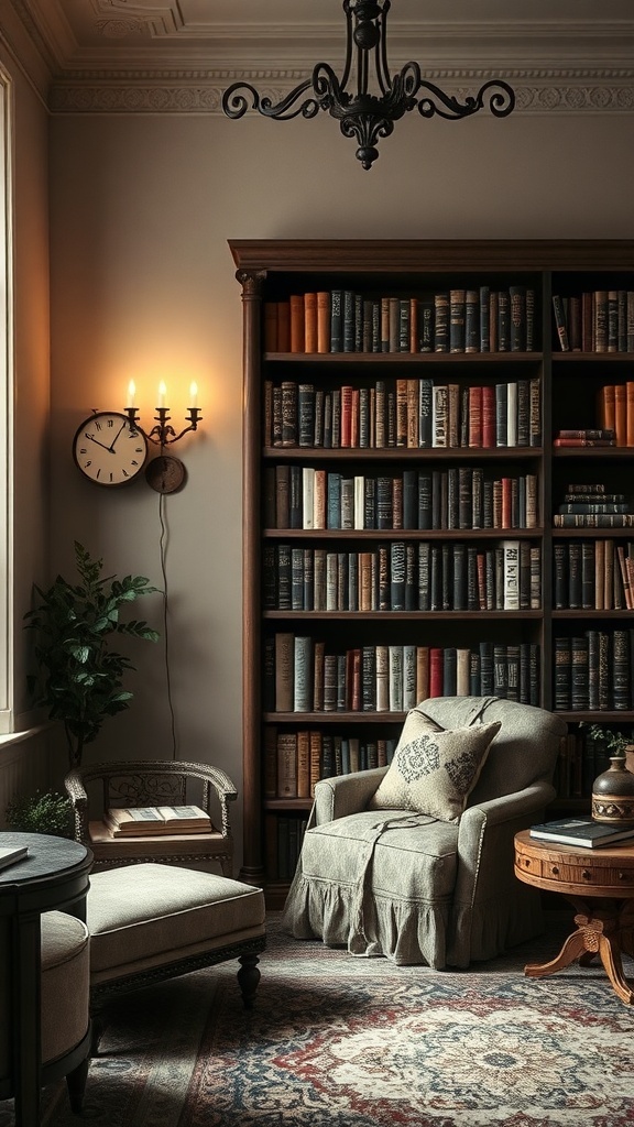 A cozy reading nook with a tall bookshelf filled with books, a plush armchair, and warm lighting.