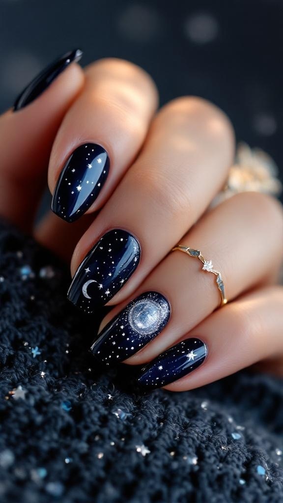 Nail art featuring a night sky design with stars and a crescent moon on dark navy nails.