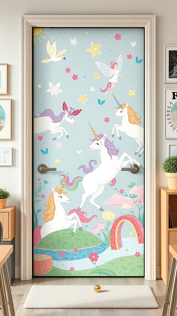 A classroom door decorated with unicorns, fairies, and a colorful landscape.