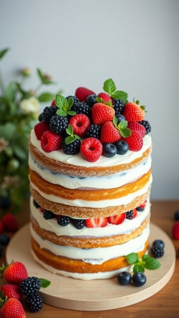 A beautiful naked cake decorated with fresh strawberries, blueberries, blackberries, and mint leaves, placed on a wooden stand.