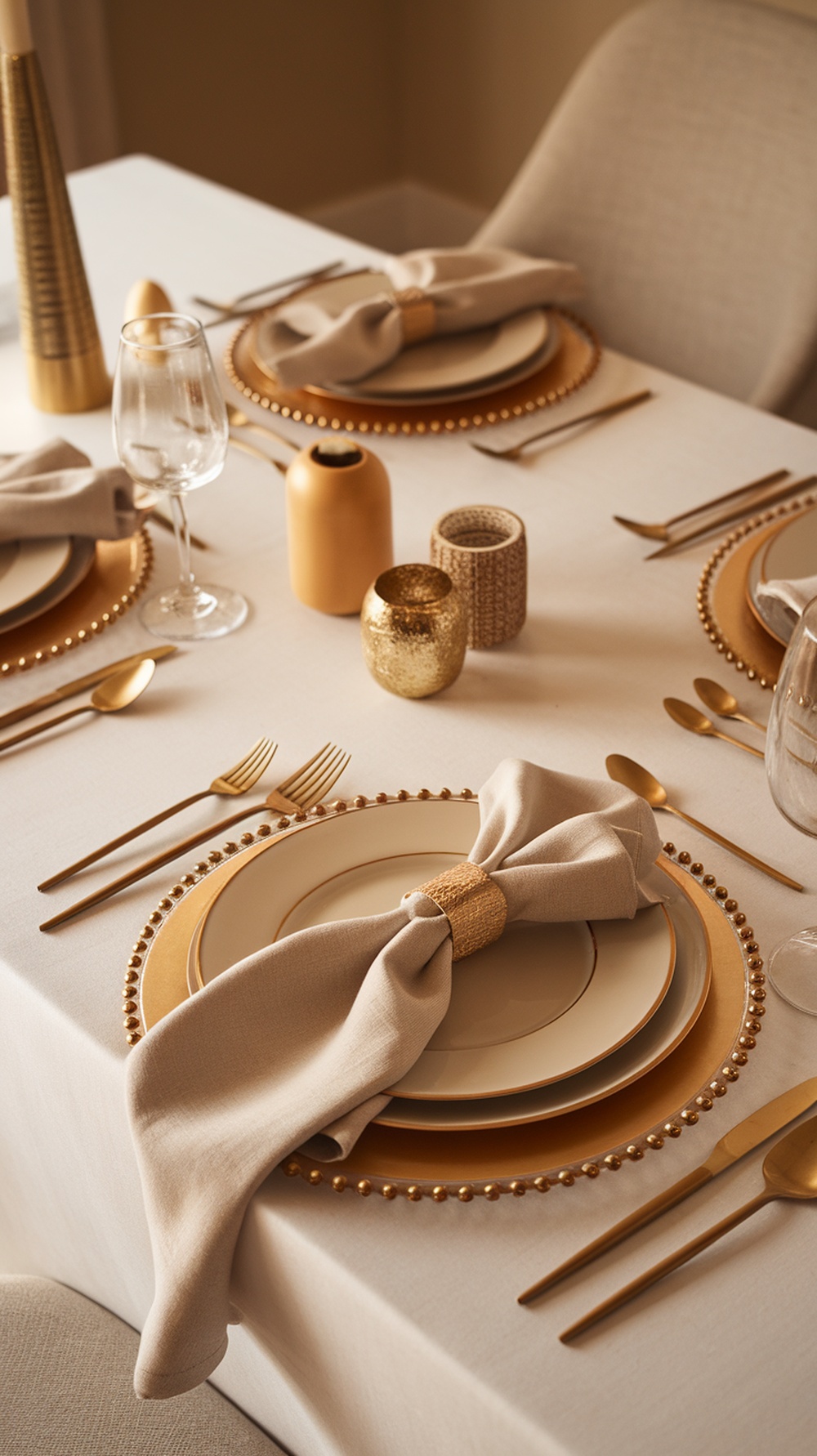 A beautifully set Thanksgiving table featuring a bow tie napkin fold, elegant plates, and golden decor.