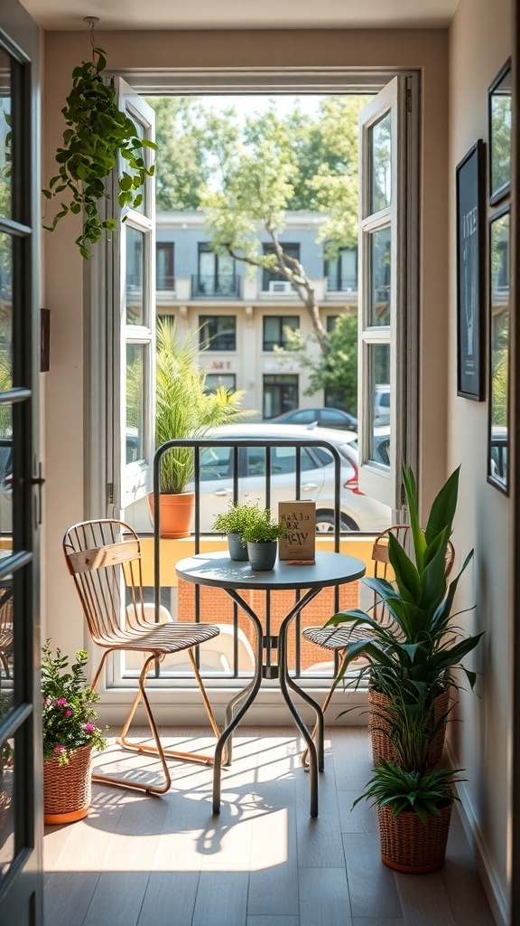 A narrow balcony with two chairs and a small table, surrounded by plants and open doors.