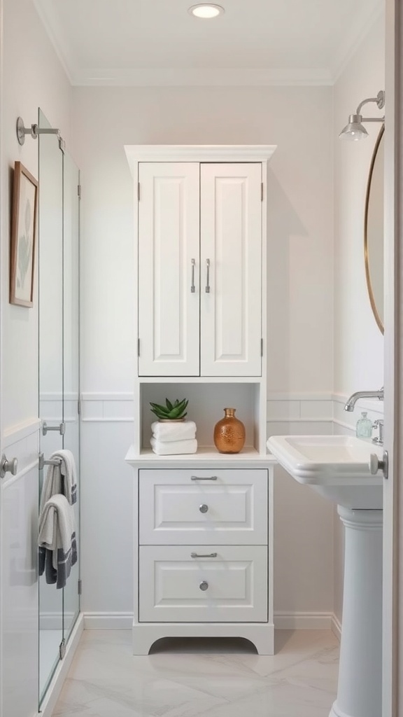 A narrow white cabinet in a small bathroom, featuring upper doors and lower drawers, with decorative items on top.