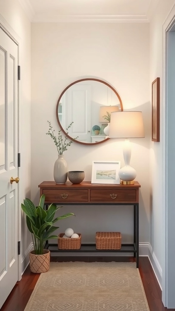 A narrow console table in a small entryway with a mirror, lamp, and decorative items.