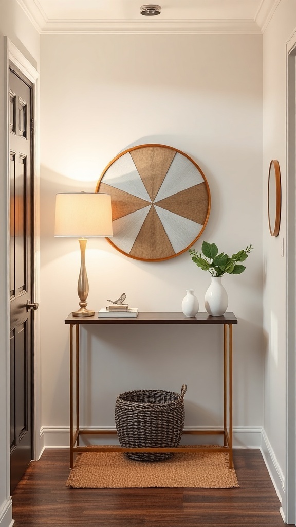 A narrow console table in an entryway with a lamp, decorative items, and a woven basket.