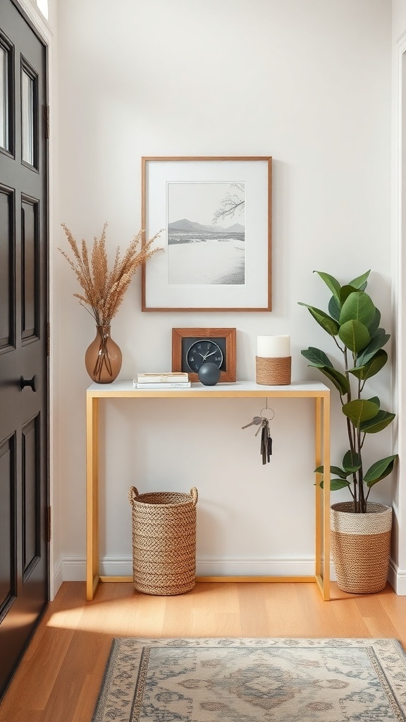 A narrow console table in an entryway with decorative items and plants.