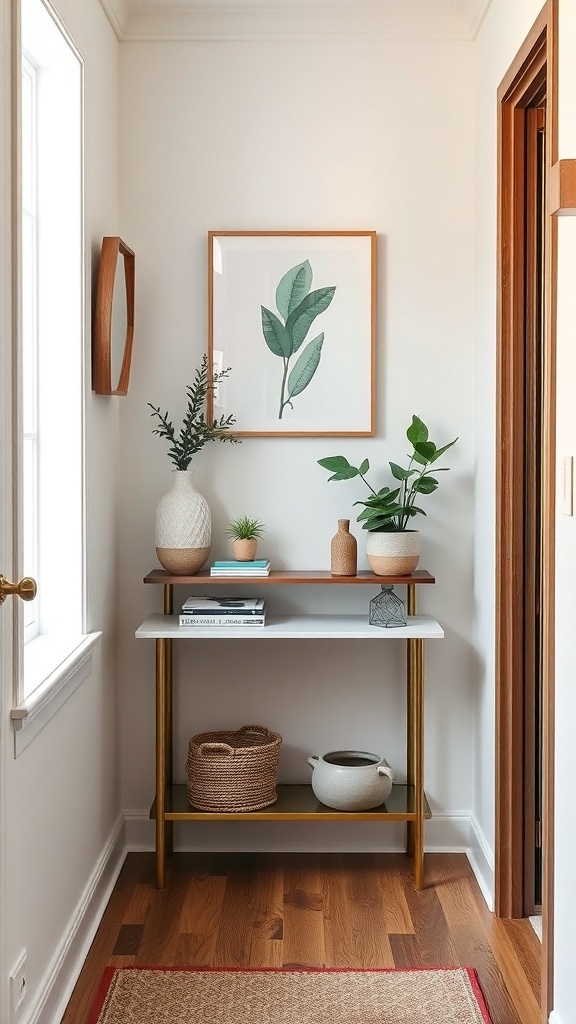 A narrow console table in a small hallway with plants and decorative items.