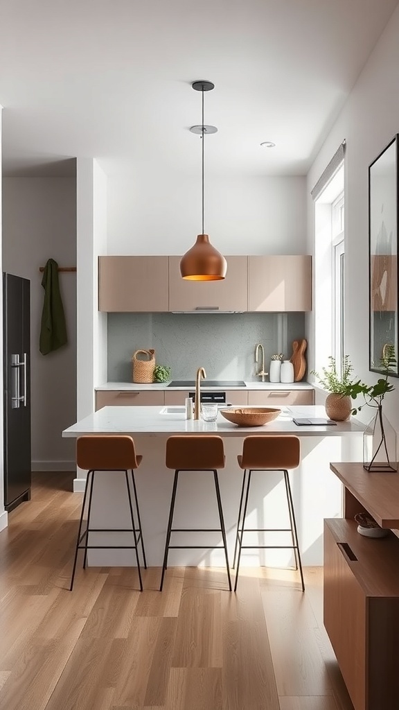 A modern small kitchen with a narrow island featuring three bar stools and a stylish pendant light.
