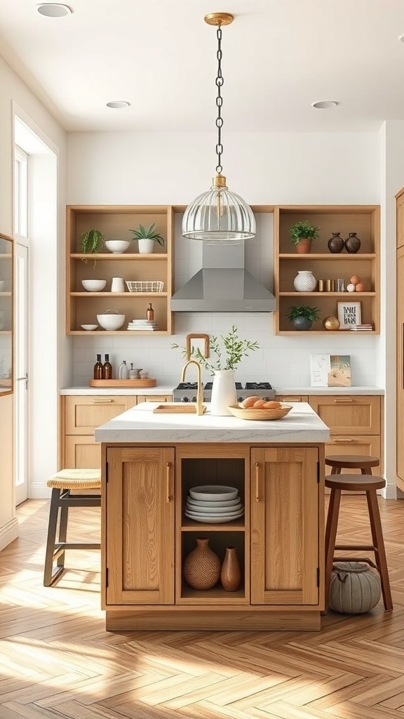 Narrow kitchen island with built-in storage and wooden cabinetry