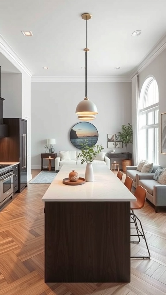 A narrow kitchen island in a modern open concept kitchen-living room area