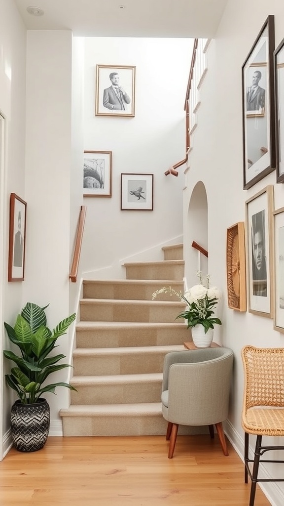 A narrow staircase with art displays, featuring framed pictures on the walls and a cozy chair at the bottom.