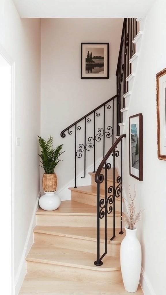 A narrow staircase with a decorative black railing, light wooden steps, and some decorative plants and artwork.
