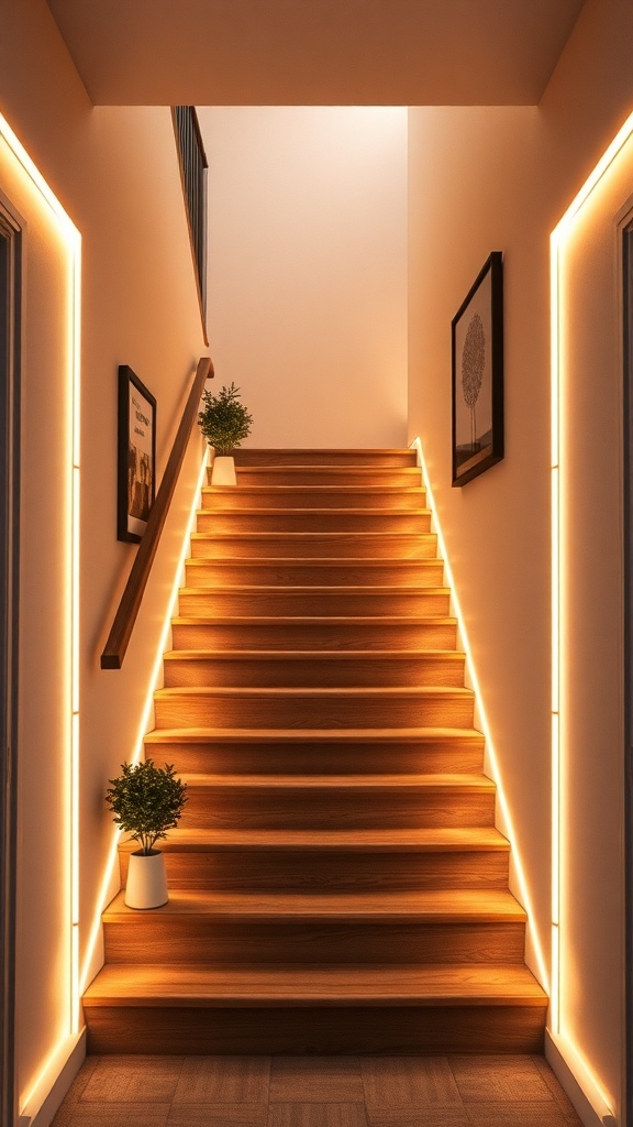Narrow staircase with warm LED lighting and plants