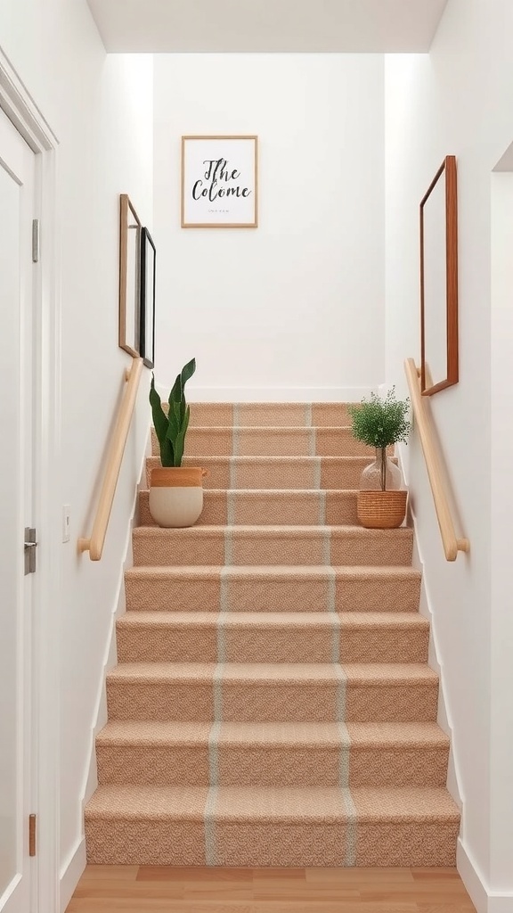 Narrow staircase with textured carpet and decorative elements