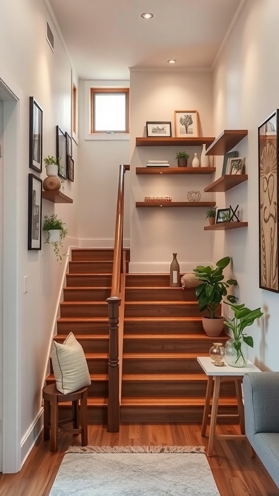 Narrow staircase with wooden steps and wall shelves displaying plants and decor.