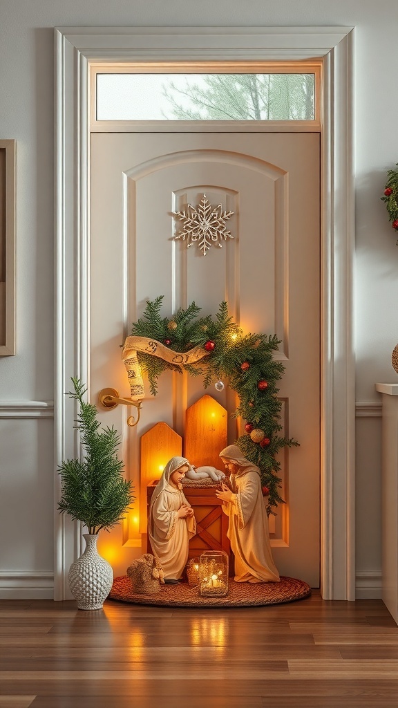 A nativity scene displayed on a door with soft lighting and festive decorations.