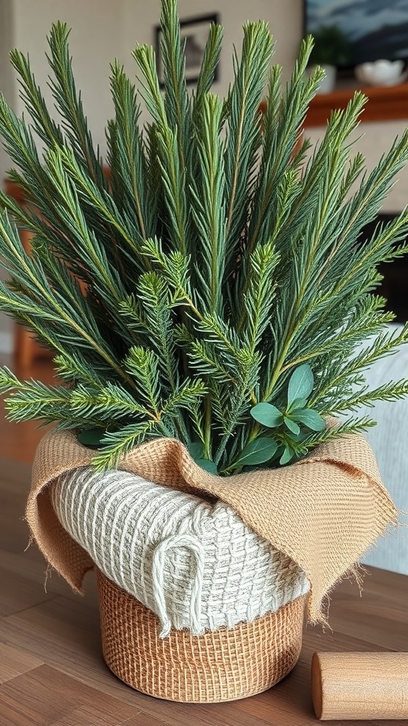 A planter filled with cedar and pine foliage, featuring a woven design and soft fabric draped over the top.