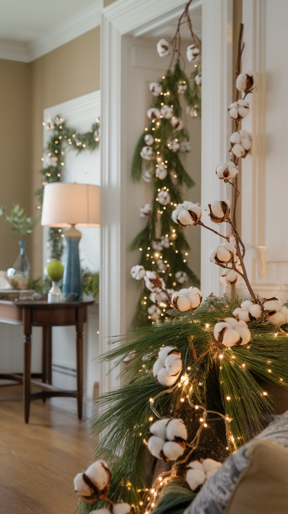 A cozy holiday setting featuring cotton boll decorations intertwined with pine branches and fairy lights.