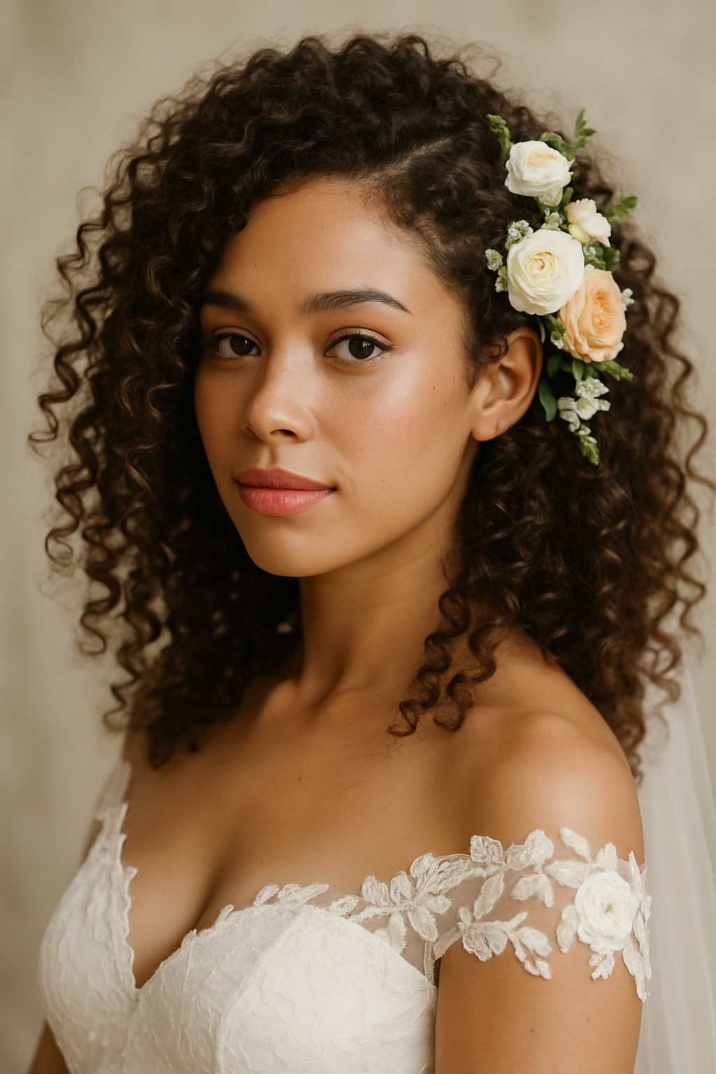 Bride with natural curls and floral accents in her hair