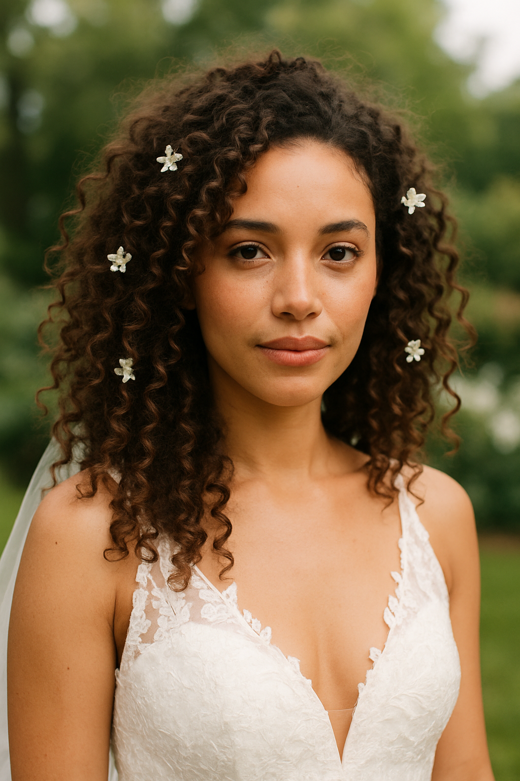 Bride with natural curls adorned with small white flowers, wearing a lace wedding dress.