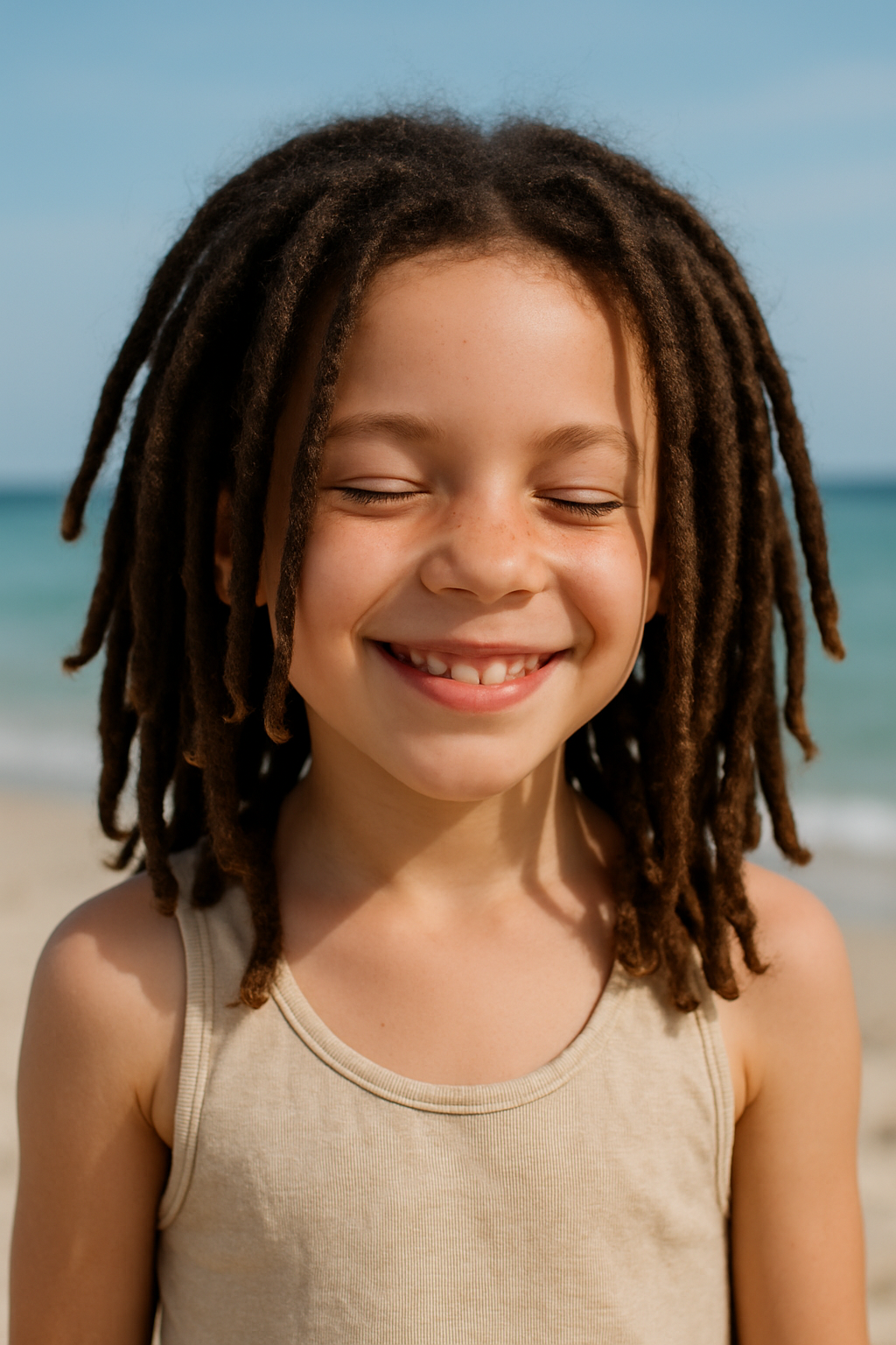 A happy child with natural dreadlocks smiling at the beach.