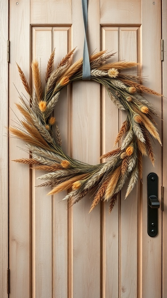 A natural dried floral wreath with golden flowers and grasses hanging on a wooden door.