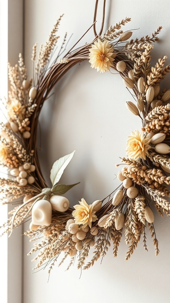A natural dried flower wreath featuring soft colors and textures, perfect for January decor.