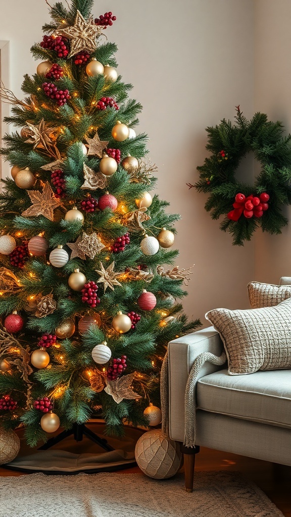 A beautifully decorated rustic Christmas tree with golden ornaments, red berries, and a cozy living room setting.