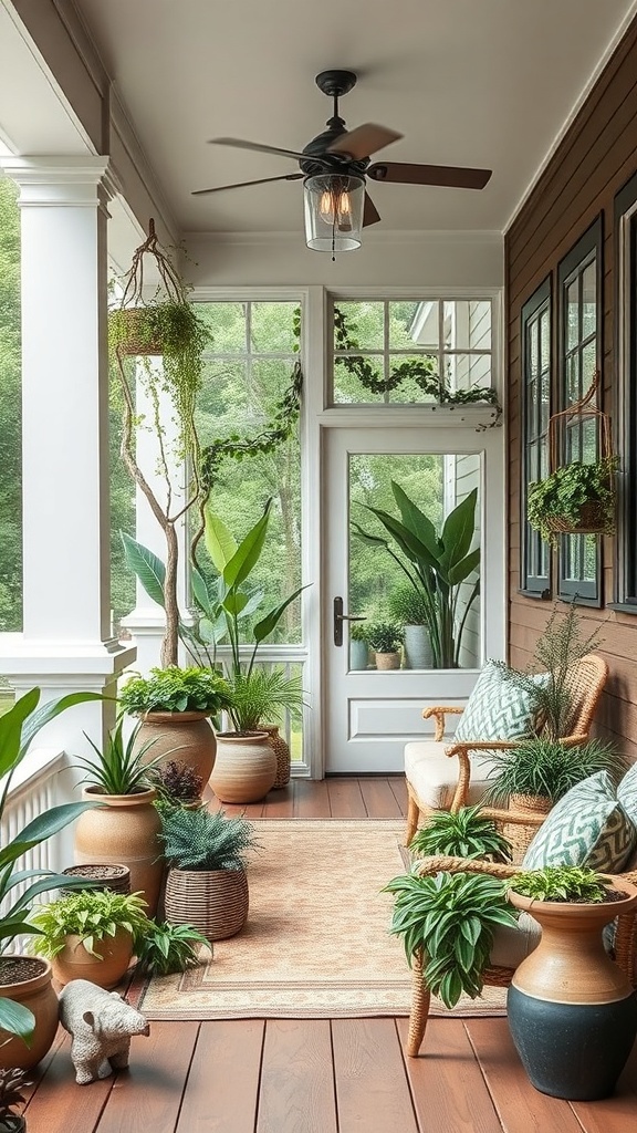 A cozy porch entrance featuring various plants in pots, a comfortable chair, and a natural wooden floor.