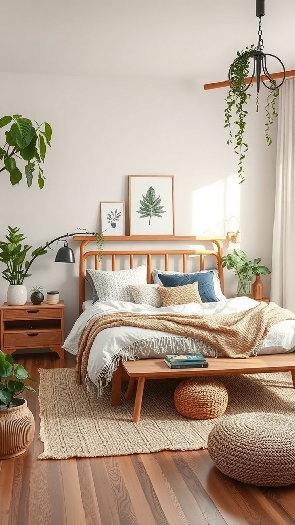 A cozy boho bedroom featuring a wooden bed, plants, and warm decor.