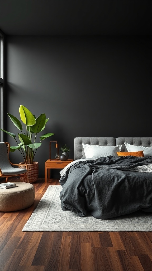 A dark modern bedroom featuring a large green plant, cozy bedding, and wooden furniture.