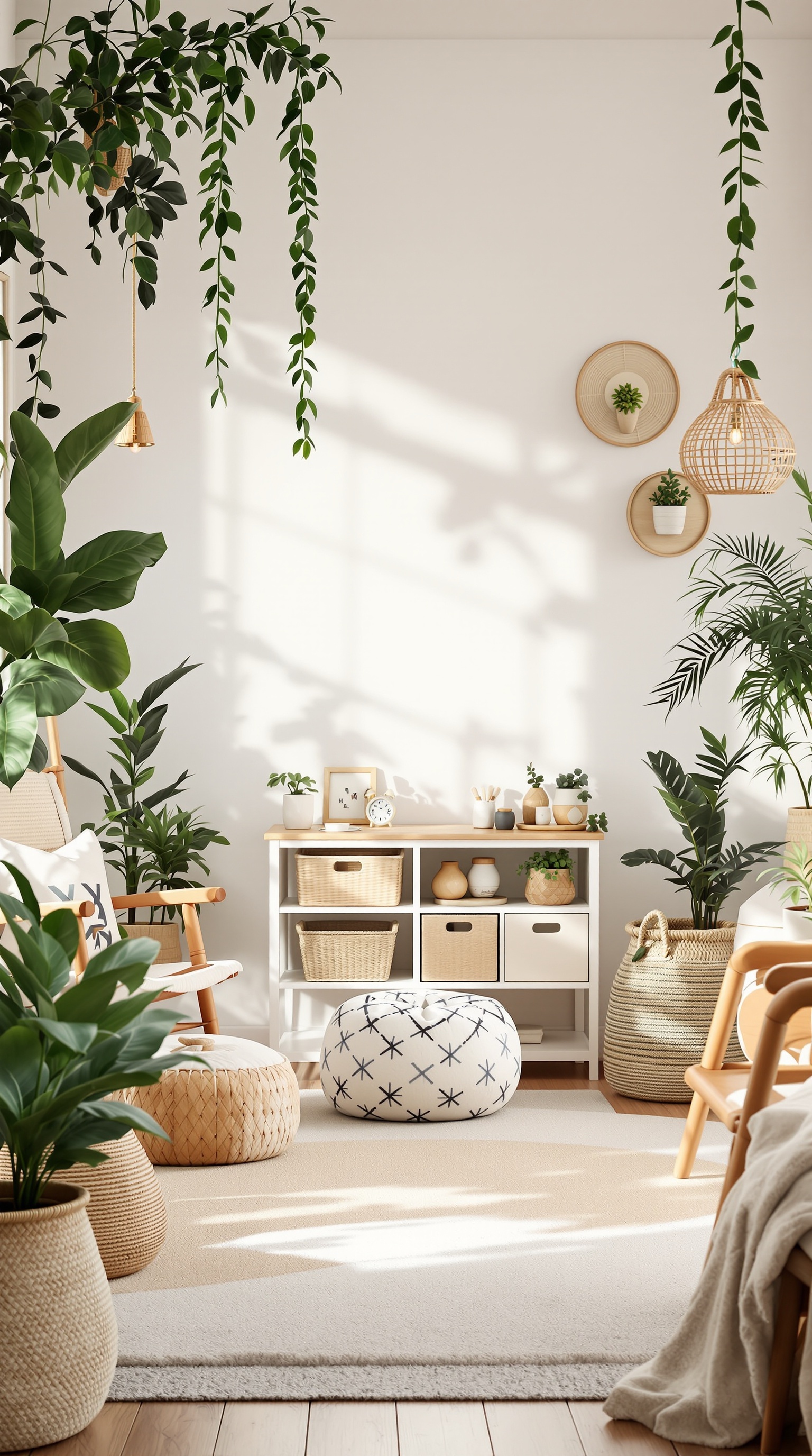 A boho kids room featuring various indoor plants, natural materials, and cozy seating.