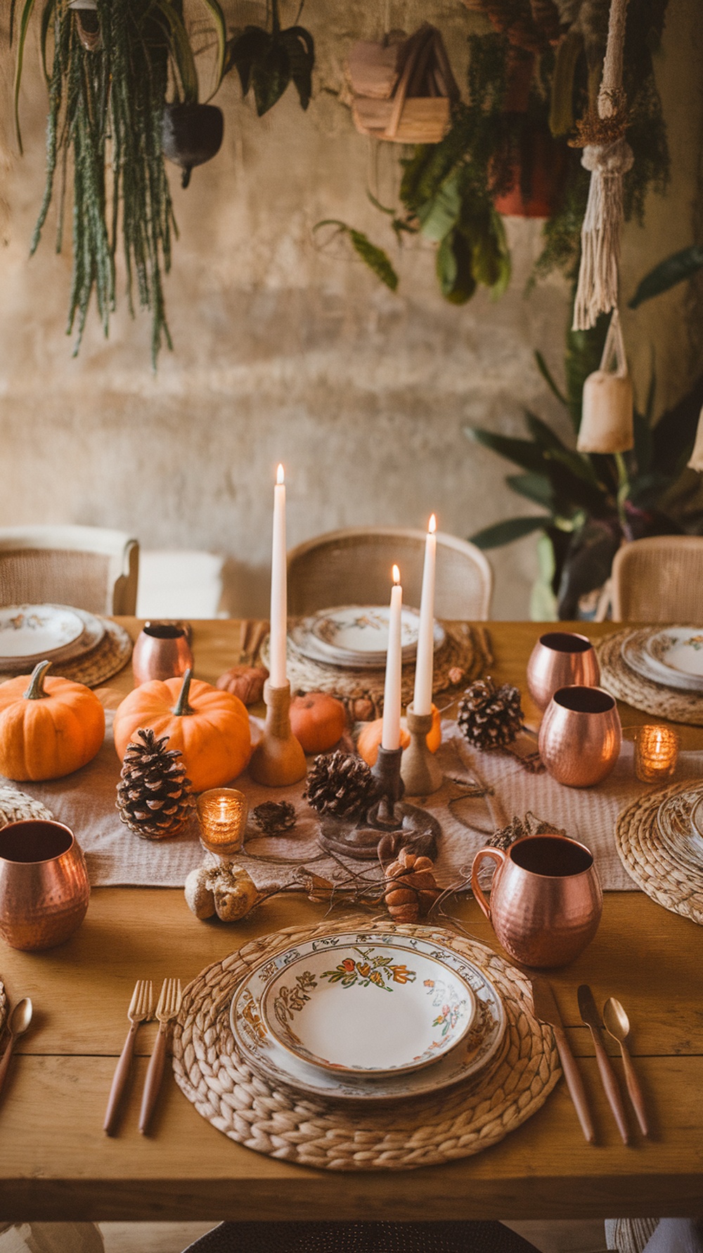 A boho Thanksgiving table featuring pumpkins, pinecones, candles, and woven textures.