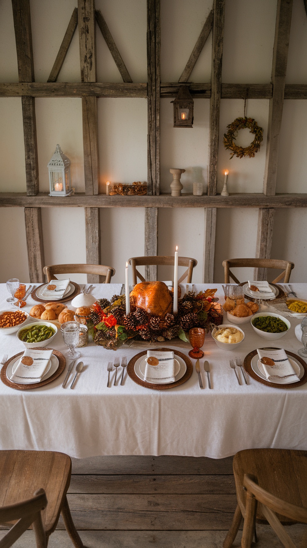 A rustic Thanksgiving table setting featuring a centerpiece with a turkey, pinecones, flowers, and candles.