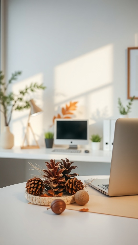 A cozy office setup featuring pinecones and natural decor on a desk with a computer and plants in the background.