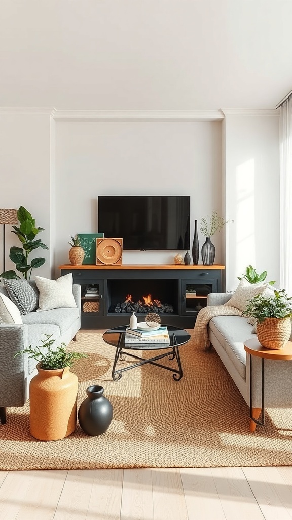 Cozy cabin living room with natural elements decor, featuring plants, wooden furniture, and a warm color palette.