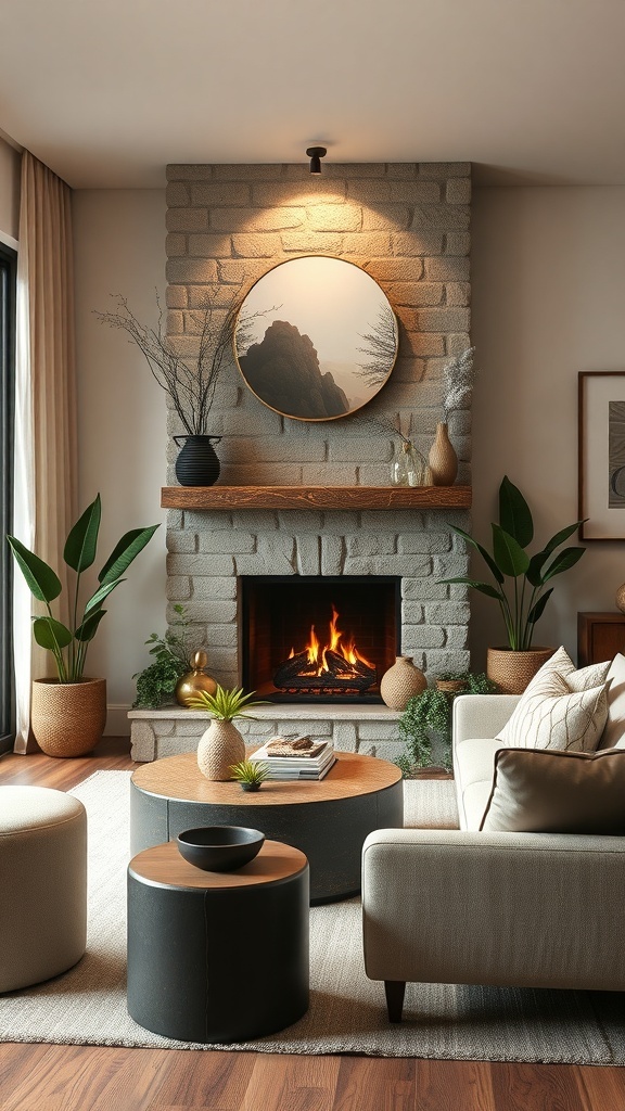 Cozy living room with a fireplace, plants, and natural decor elements.