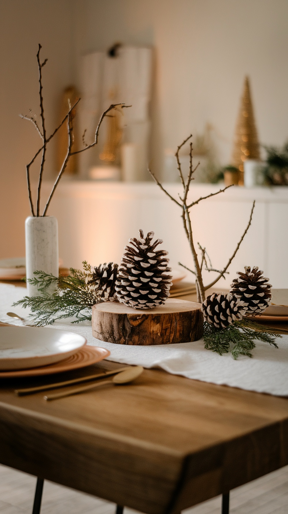 A minimalist Christmas table setting featuring pinecones, branches, and greenery on a wooden slice.
