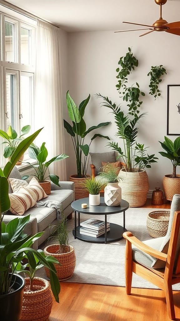 A cozy living room filled with various plants, natural light, and warm wooden furniture.