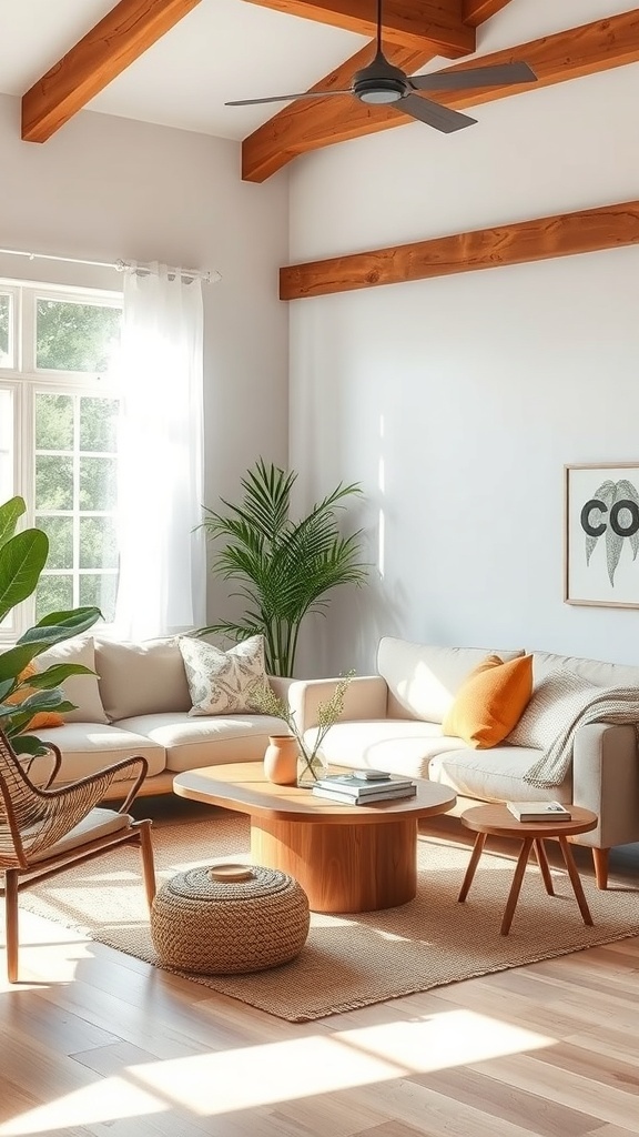 A cozy living room featuring wooden beams, a light sofa with cushions, a coffee table, and plants.