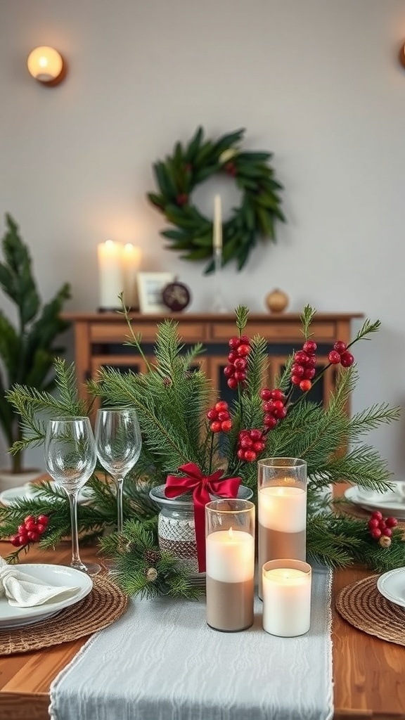 A cozy Christmas table setting with greenery, candles, and festive decor.