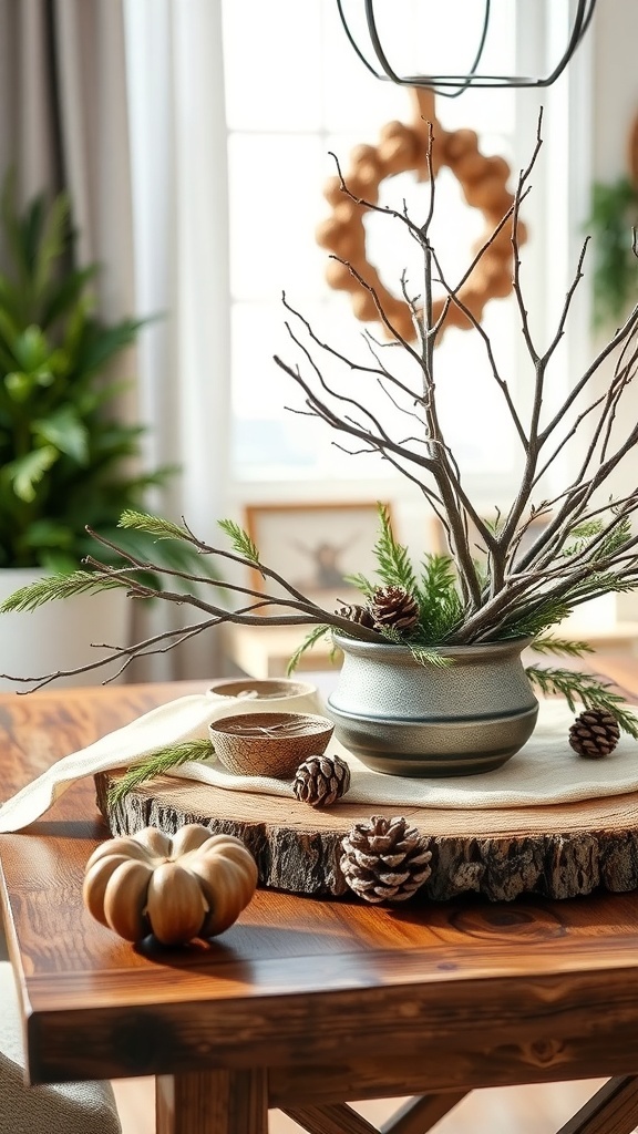 A cozy winter decor centerpiece featuring bare branches, pinecones, and greenery in a pot on a wooden table.