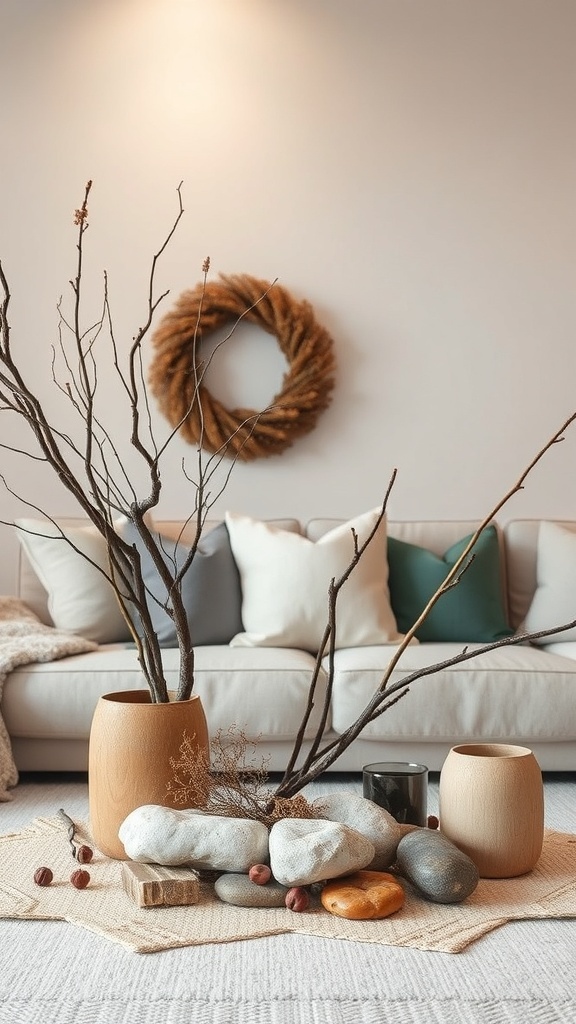 A cozy winter decor scene featuring branches in vases, stones, and soft cushions on a couch.