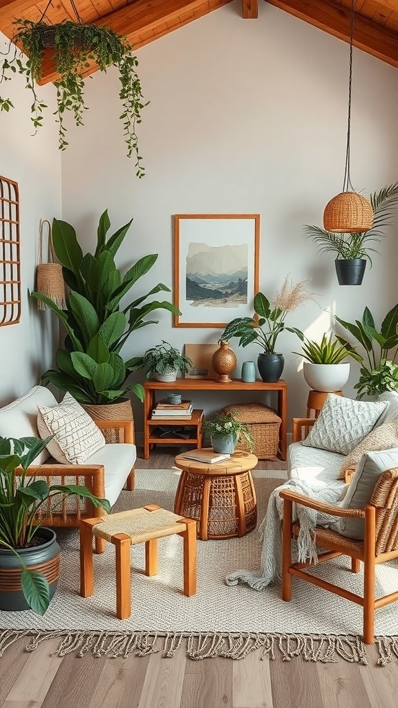A cozy boho living room featuring wooden furniture, lush plants, and natural decor elements.