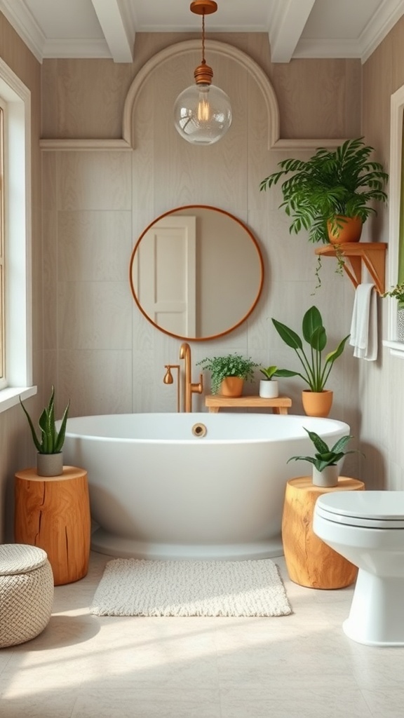 Cozy bathroom with natural elements, including plants and wooden decor.