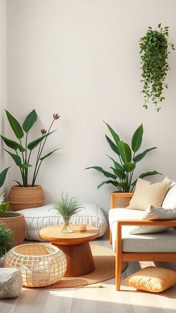 A cozy corner with plants, wooden furniture, and soft cushions, creating a natural and inviting atmosphere.