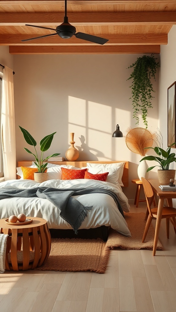 A warm bedroom featuring wooden beams, plants, and cozy textiles.
