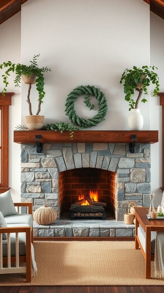A rustic farmhouse fireplace made of stone with a wooden mantel, decorated with plants and a wreath.